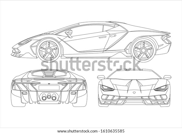 Outline drawing of a super car, view from\
three sides. Lamborghini\
Centenario.