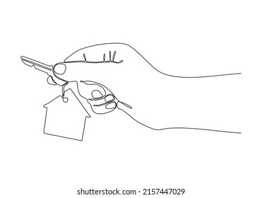 
Outline Drawing Of Sustainable House In Hand With Key. The Concept Of Building Housing For Young Families.