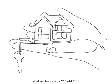 
Outline drawing of sustainable house in hand with key. The concept of building housing for young families.