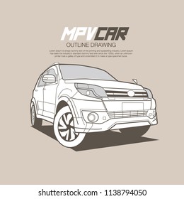 Outline Drawing Suv Car Vector Illustration In Low Angle.