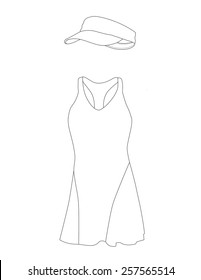 Outline drawing tennis dress with hat, cap, sportswear, sport clothing, tennis clothing