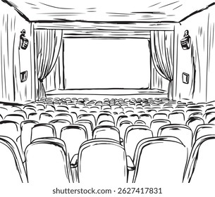 Um palco de teatro de desenho de contorno com certa cadeira, ilustração de arte vetorial de cena de desempenho desenhada à mão, ilustração de arte de linha de palco de teatro, cortinas e assentos vazios