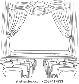 Um palco de teatro de desenho de contorno com certa cadeira, ilustração de arte vetorial de cena de desempenho desenhada à mão, ilustração de arte de linha de palco de teatro, cortinas e assentos vazios