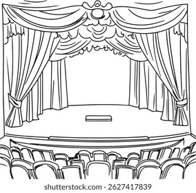 A outline drawing theater stage with certain chair,  Hand-Drawn Performance Scene vector art illustration, Theater Stage line art Illustration, Curtains and Empty Seats