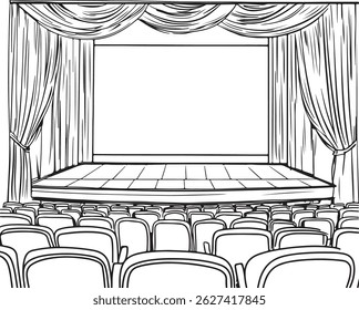 Um palco de teatro de desenho de contorno com certa cadeira, ilustração de arte vetorial de cena de desempenho desenhada à mão, ilustração de arte de linha de palco de teatro, cortinas e assentos vazios