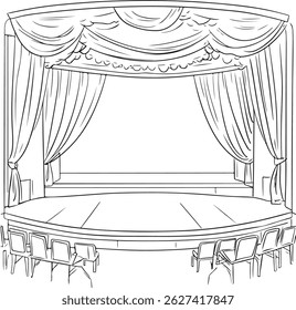 Um palco de teatro de desenho de contorno com certa cadeira, ilustração de arte vetorial de cena de desempenho desenhada à mão, ilustração de arte de linha de palco de teatro, cortinas e assentos vazios