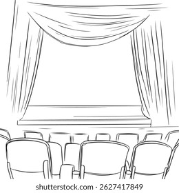 Um palco de teatro de desenho de contorno com certa cadeira, ilustração de arte vetorial de cena de desempenho desenhada à mão, ilustração de arte de linha de palco de teatro, cortinas e assentos vazios