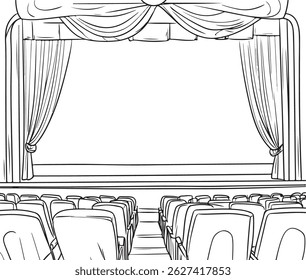 Um palco de teatro de desenho de contorno com certa cadeira, ilustração de arte vetorial de cena de desempenho desenhada à mão, ilustração de arte de linha de palco de teatro, cortinas e assentos vazios