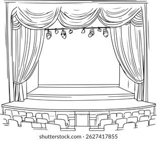 Um palco de teatro de desenho de contorno com certa cadeira, ilustração de arte vetorial de cena de desempenho desenhada à mão, ilustração de arte de linha de palco de teatro, cortinas e assentos vazios