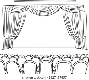 Um palco de teatro de desenho de contorno com certa cadeira, ilustração de arte vetorial de cena de desempenho desenhada à mão, ilustração de arte de linha de palco de teatro, cortinas e assentos vazios