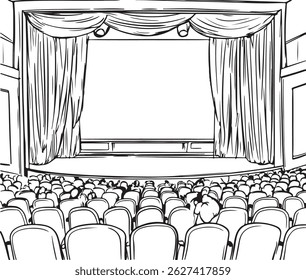 Um palco de teatro de desenho de contorno com certa cadeira, ilustração de arte vetorial de cena de desempenho desenhada à mão, ilustração de arte de linha de palco de teatro, cortinas e assentos vazios