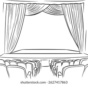 Um palco de teatro de desenho de contorno com certa cadeira, ilustração de arte vetorial de cena de desempenho desenhada à mão, ilustração de arte de linha de palco de teatro, cortinas e assentos vazios