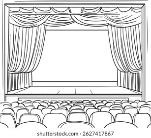 Um palco de teatro de desenho de contorno com certa cadeira, ilustração de arte vetorial de cena de desempenho desenhada à mão, ilustração de arte de linha de palco de teatro, cortinas e assentos vazios