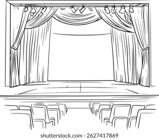 Um palco de teatro de desenho de contorno com certa cadeira, ilustração de arte vetorial de cena de desempenho desenhada à mão, ilustração de arte de linha de palco de teatro, cortinas e assentos vazios