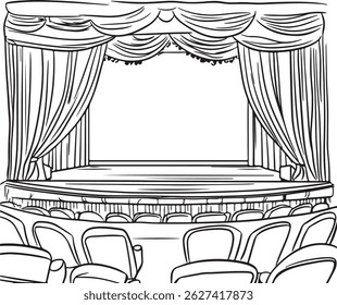 Um palco de teatro de desenho de contorno com certa cadeira, ilustração de arte vetorial de cena de desempenho desenhada à mão, ilustração de arte de linha de palco de teatro, cortinas e assentos vazios