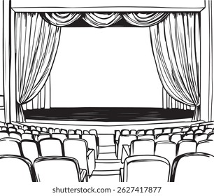 Um palco de teatro de desenho de contorno com certa cadeira, ilustração de arte vetorial de cena de desempenho desenhada à mão, ilustração de arte de linha de palco de teatro, cortinas e assentos vazios