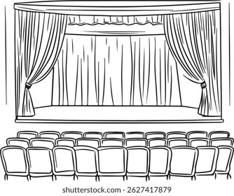 Um palco de teatro de desenho de contorno com certa cadeira, ilustração de arte vetorial de cena de desempenho desenhada à mão, ilustração de arte de linha de palco de teatro, cortinas e assentos vazios