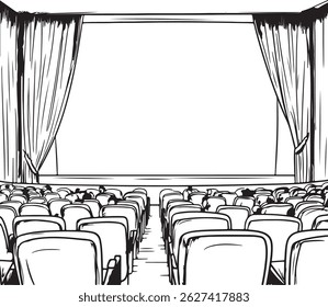 Um palco de teatro de desenho de contorno com certa cadeira, ilustração de arte vetorial de cena de desempenho desenhada à mão, ilustração de arte de linha de palco de teatro, cortinas e assentos vazios