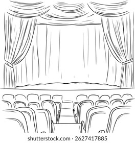 Um palco de teatro de desenho de contorno com certa cadeira, ilustração de arte vetorial de cena de desempenho desenhada à mão, ilustração de arte de linha de palco de teatro, cortinas e assentos vazios