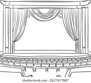 Um palco de teatro de desenho de contorno com certa cadeira, ilustração de arte vetorial de cena de desempenho desenhada à mão, ilustração de arte de linha de palco de teatro, cortinas e assentos vazios