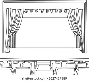 Um palco de teatro de desenho de contorno com certa cadeira, ilustração de arte vetorial de cena de desempenho desenhada à mão, ilustração de arte de linha de palco de teatro, cortinas e assentos vazios
