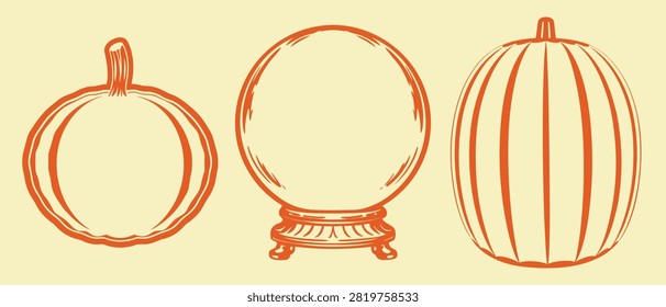 Outline drawing of three halloween objects: pumpkin, crystal ball, and striped pumpkin. Isolated on light orange background.
