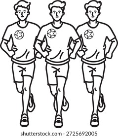 Outline drawing of three men jogging in workout attire; depicting teamwork, training, and athletic pursuit
