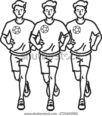 Outline drawing of three men jogging in workout attire; depicting teamwork, training, and athletic pursuit