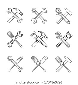 Outline drawing tools sign set. Collection of different tool symbols icon. Repair instruments wrench screwdriver saw hammer spanner