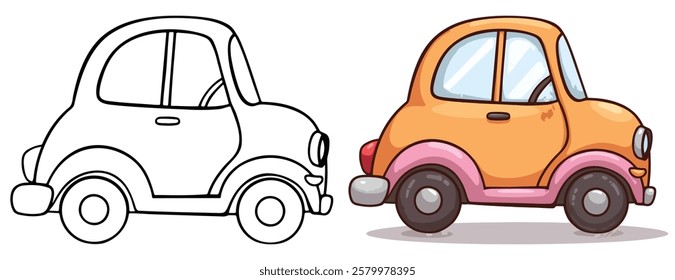 Outline drawing of toy car, and sports car from the side and front view. Vector doodle illustration, design for coloring book or print