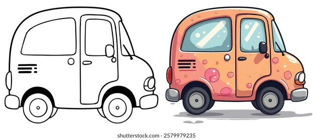 Outline drawing of toy car, and sports car from the side and front view. Vector doodle illustration, design for coloring book or print