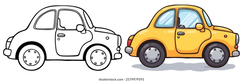 Outline drawing of toy car, and sports car from the side and front view. Vector doodle illustration, design for coloring book or print