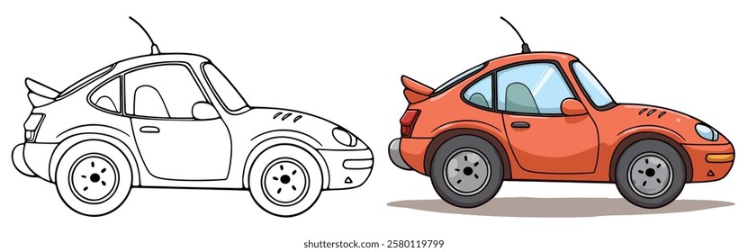 Outline drawing of toy car, and sports car from the side and front view. Vector doodle illustration, design for coloring book or print