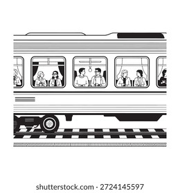 Outline drawing of train compartment showing diverse passengers inside on their journey depicting rail travel and transport