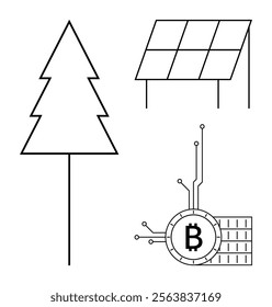 Outline drawing of a tree, a solar panel, and a Bitcoin symbol. The themes are sustainability, renewable energy, cryptocurrency, technology, and simplicity. Ideal for environmental awareness, green