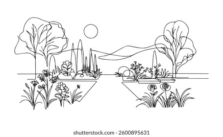 Outline drawing of trees in a row. Simple black and white illustration of forest for design and coloring pages.