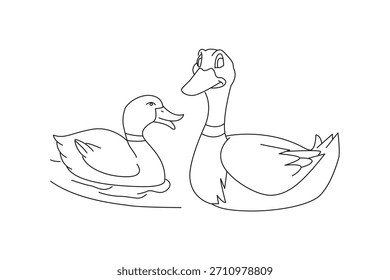 Dibujo de contorno de dos patos de dibujos animados, arte de línea de dos patos en el agua