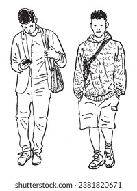 Outline drawing of two casual modern young city men walking along street
