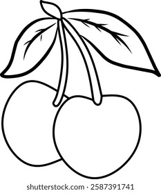 Outline Drawing of Two Cherries with Leaves for Coloring or Decoration.