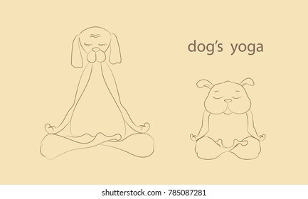 Outline drawing of two dogs doing yoga. Vector cartoon illustration.