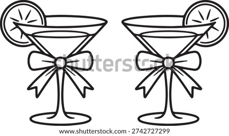 Outline drawing of two festive martini glasses, each garnished with a lemon slice and a decorative bow, perfect for celebrations or invitations.
