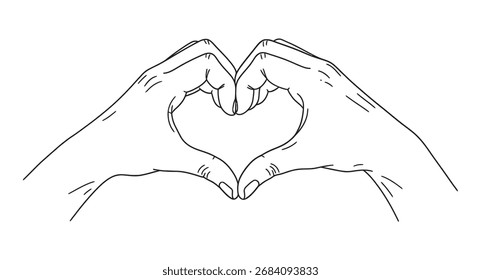 Desenho de contorno de duas mãos criando uma forma de coração com seus dedos.