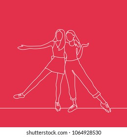 Outline drawing of two standing embracing young girls having fun