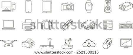 Outline drawing of various electronic devices including computer and mobile technology items shown