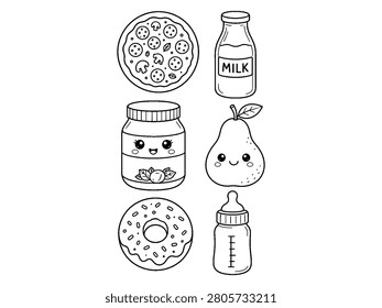 Outline drawing of various food items and a baby bottle, all with simple, cute cartoon style illustrations.