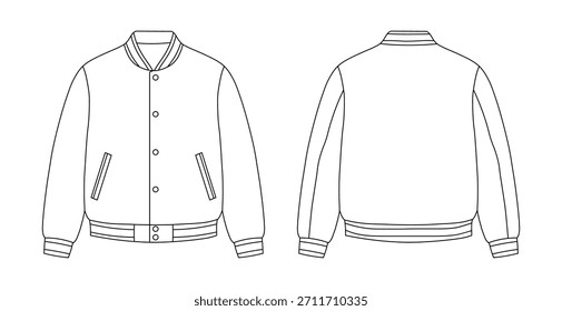 Dibujo del contorno de una chaqueta universitaria, vista delantera y trasera