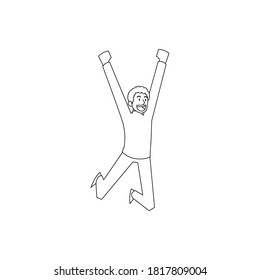 Outline drawing vector illustration of smiling people celebrate success. Happy young man jumping pose vector illustration design
