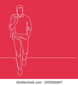 Outline drawing of walking man holding his jacket on shoulder