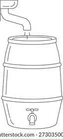Umrisszeichnung eines Wasserbehälters, der zum Auffangen von Regenwasser bestimmt ist. Mit einem Ausguss und Tippen Detail. Perfekt für umweltfreundliche Themen, Outdoor-Wasserschutz oder Gartenillustrationen. Einfache und übersichtliche Grafik.