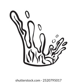 Outline drawing water splash crown flow with bubbles and drops isolated on white background. For food drink packaging design. Vector illustration.